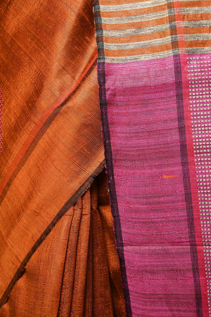 Very Much Indian Handwoven Raw Silk Dupion Saree - Orange With Pink Pallu