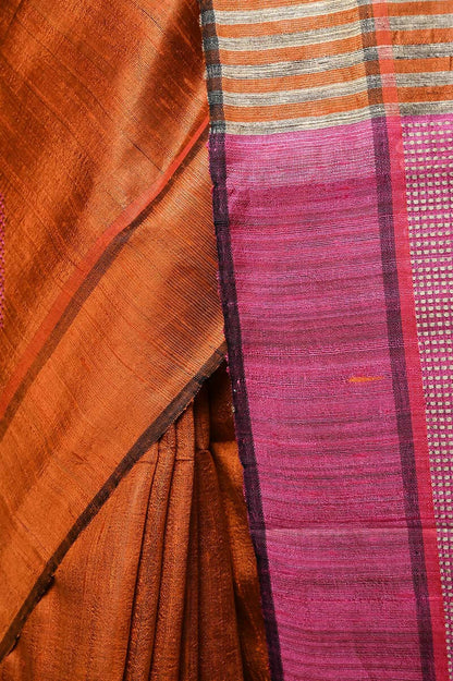 Very Much Indian Handwoven Raw Silk Dupion Saree - Orange With Pink Pallu