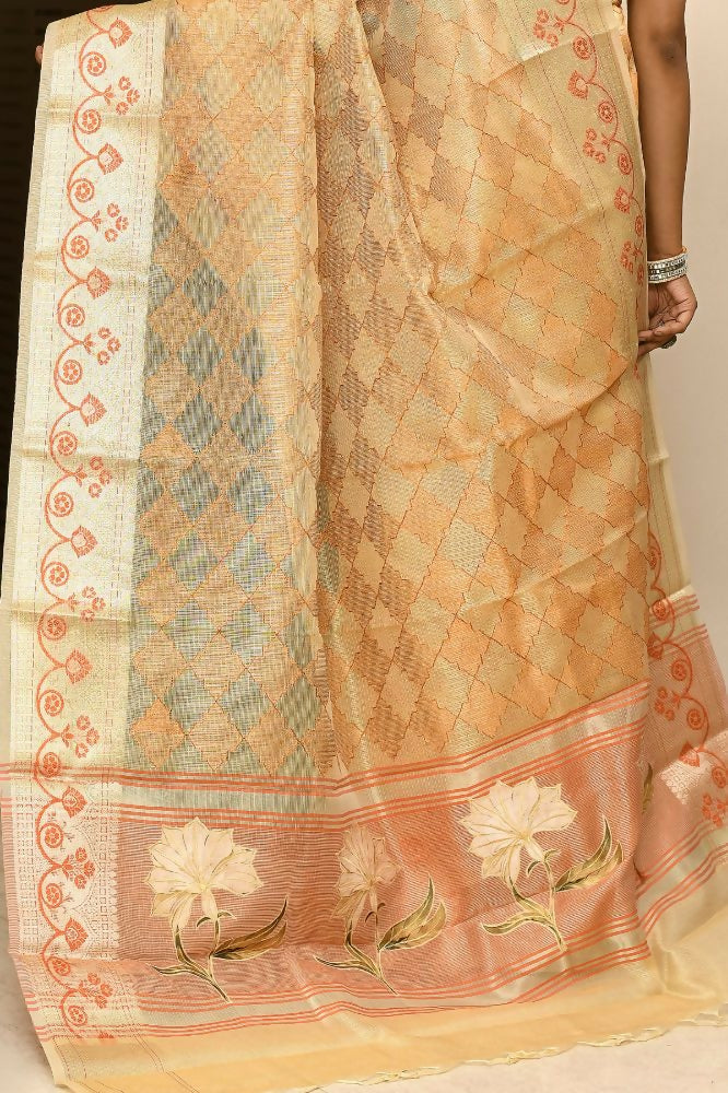 Joban Fashion Light Orange Saree Kota Tissue With Embroidery And Applick Anchal