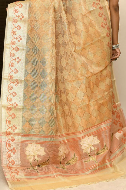 Joban Fashion Light Orange Saree Kota Tissue With Embroidery And Applick Anchal
