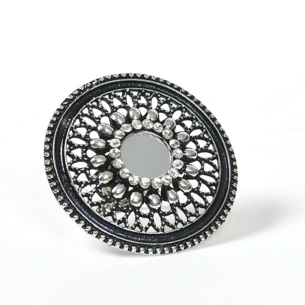 Mominos Fashion Joharkamal Oxidised Silver-Toned Adjustable Finger Ring