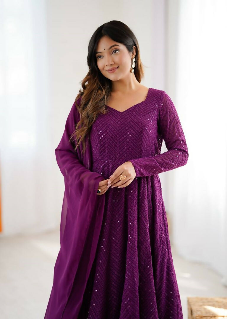 Teeya Creation Wine Color Heavy Embroidery Work Georgette Fabric Wedding Wear Gown