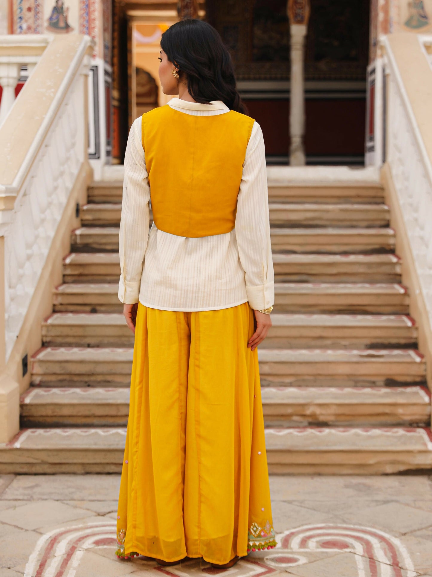 Juniper Women's Mustard Thread Embroidered Georgette Shirt Jacket & Palazzo Set With Mirror Work & Sequins