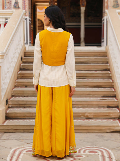 Juniper Women's Mustard Thread Embroidered Georgette Shirt Jacket & Palazzo Set With Mirror Work & Sequins