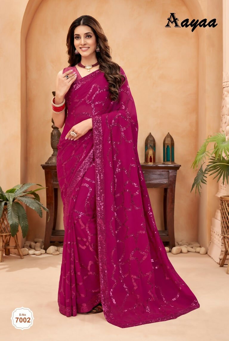Aayaa Heavy Georgette Double Run Sequance Work Saree With Fitting Sequance Lace Border - Pink