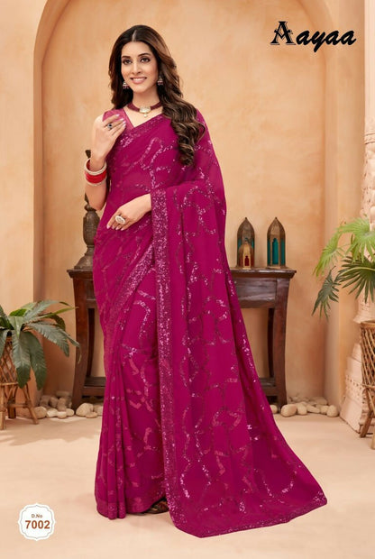 Aayaa Heavy Georgette Double Run Sequance Work Saree With Fitting Sequance Lace Border - Pink