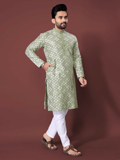 Light Green Mens Kurta with Pyjamas for Function by Infinity Export
