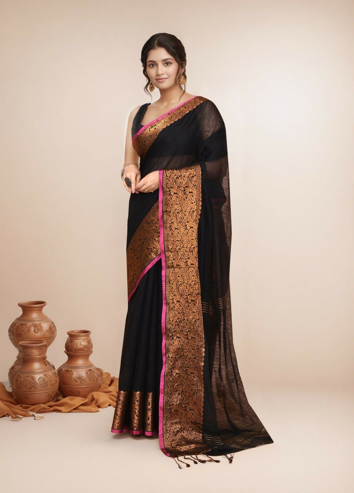 Joban Fashion Black Cotton Blend Handloom Saree