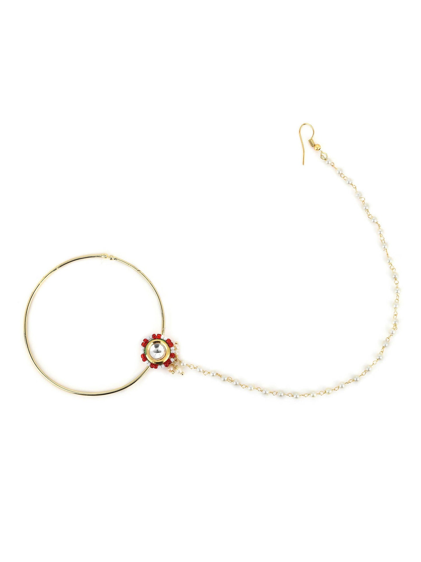 Gold-Pleated Red White Kundan Studded Beaded Chained Nosepin - Ruby Raang
