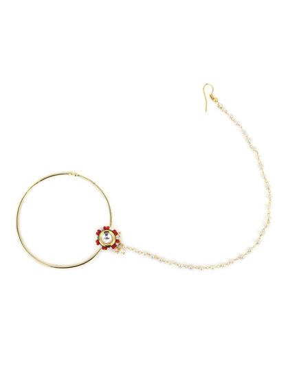 Gold-Pleated Red White Kundan Studded Beaded Chained Nosepin - Ruby Raang