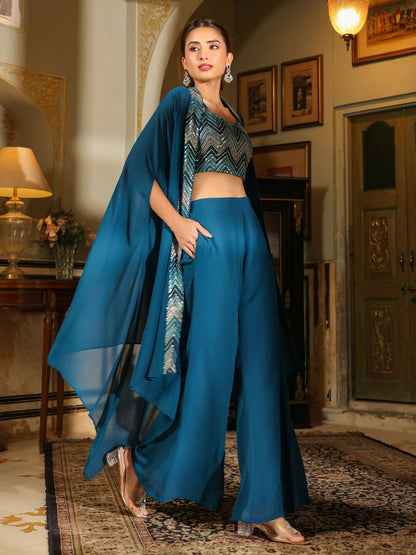 Janasya Teal Blue Georgette Embroidered Top Bottom Cape