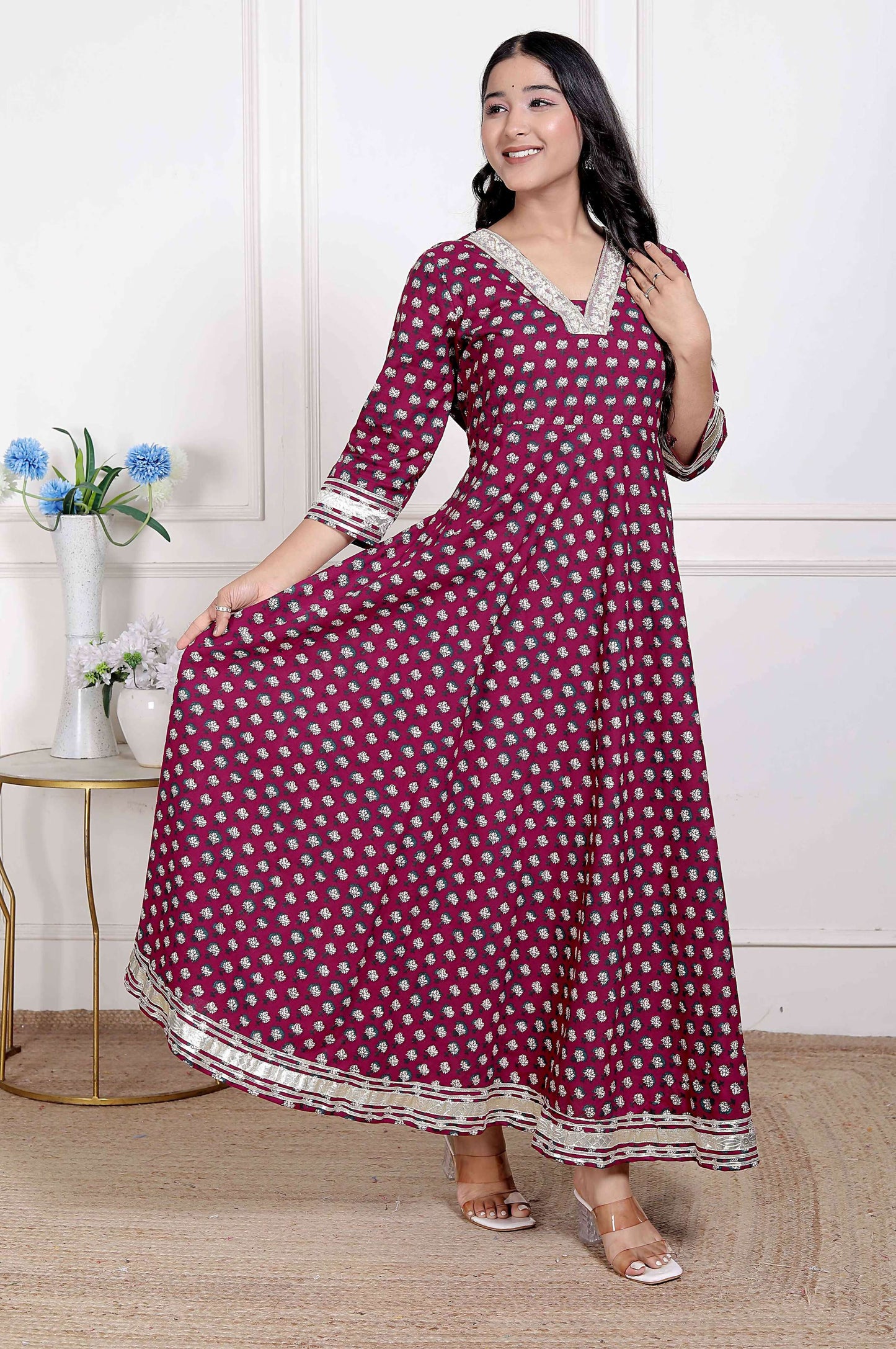 Miravan Women Maroon Floral Print Soft Cotton embroidered Anarkali Kurta