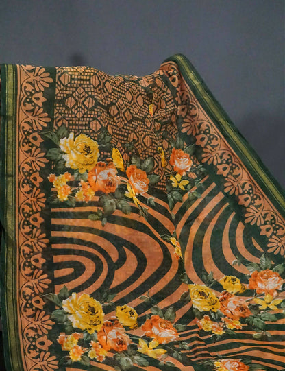 Shades Of Dark Leaf Green Floral Design Semi Chanderi Saree By Gayathri Reddy Designer Studio