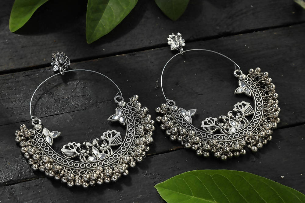 Mominos Fashion Johar Kamal Silver Peacock Design Chandbali Earrings