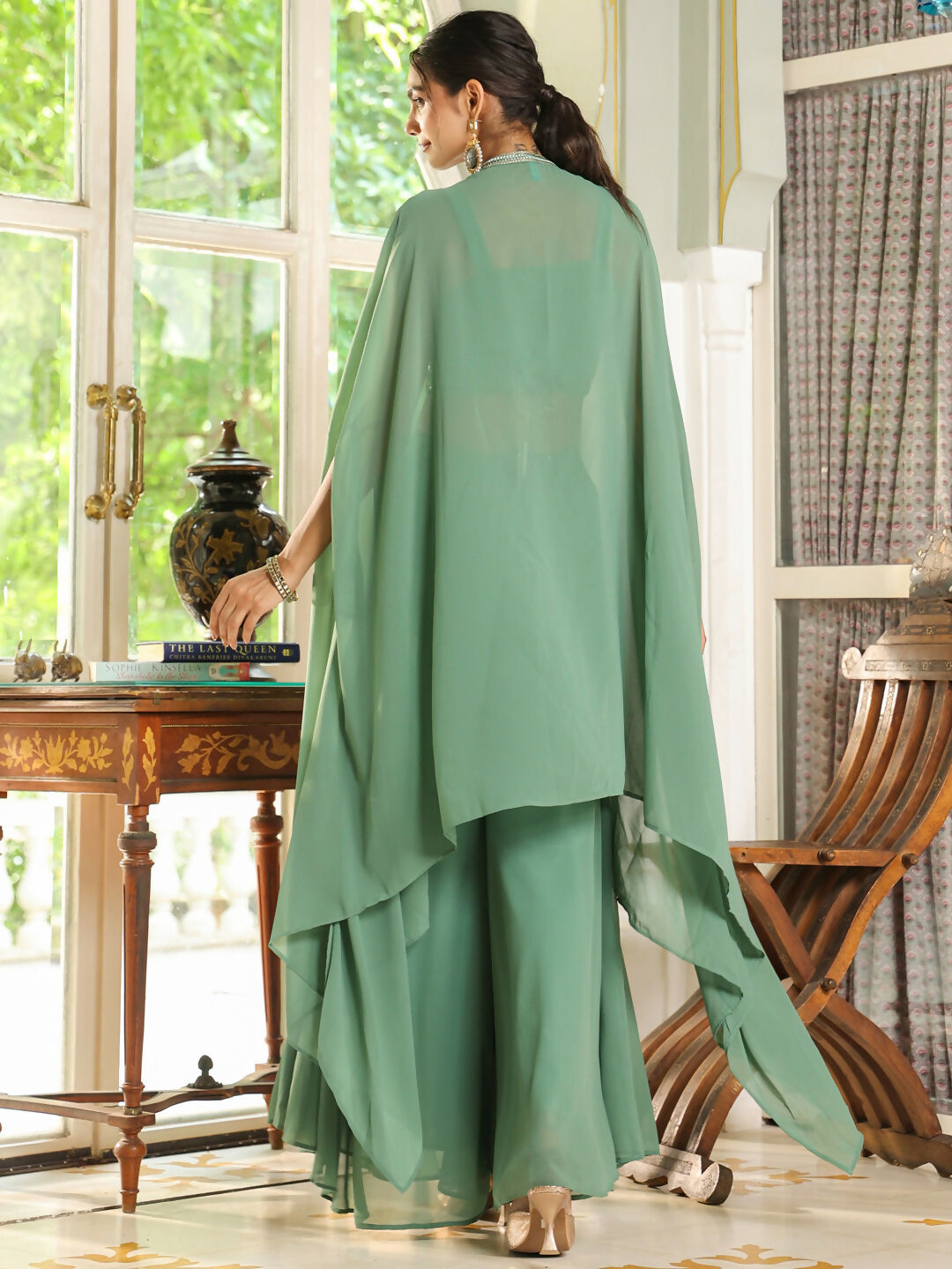 Janasya Sage Green Georgette Sequined Top Bottom Cape