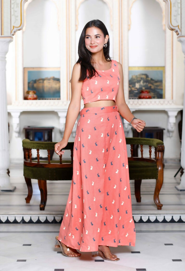 Miravan Women's Peach Animal Print Round Neck Top With Side Slit Skirt Co-Ord Set