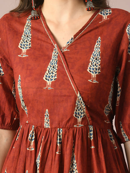Myshka Women's Rust Printed Cotton V-Neck Empire Party Dress