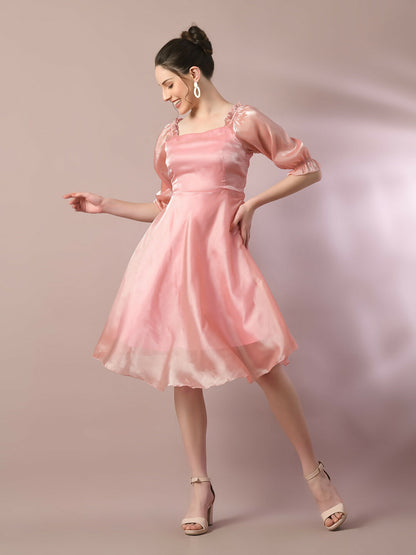Myshka Women's Pink Solid Square Neck Fit and Flare Party Dress