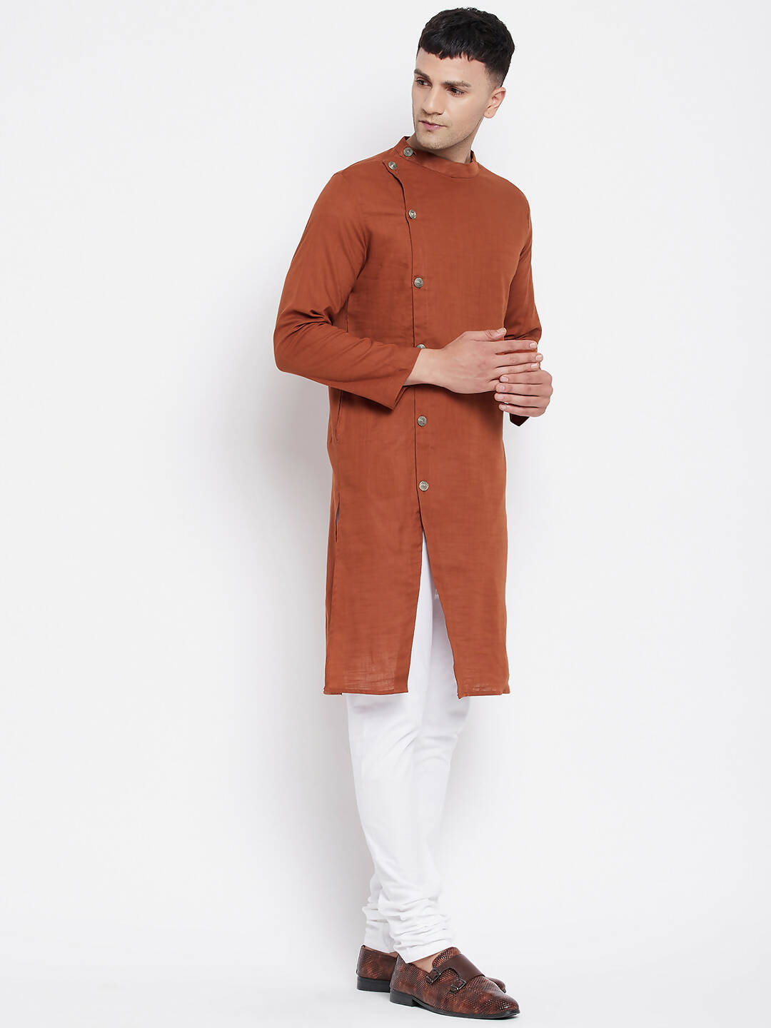 Even Apparels Brown Pure Cotton Men's Sherwani Kurta With Asymetrical Cut