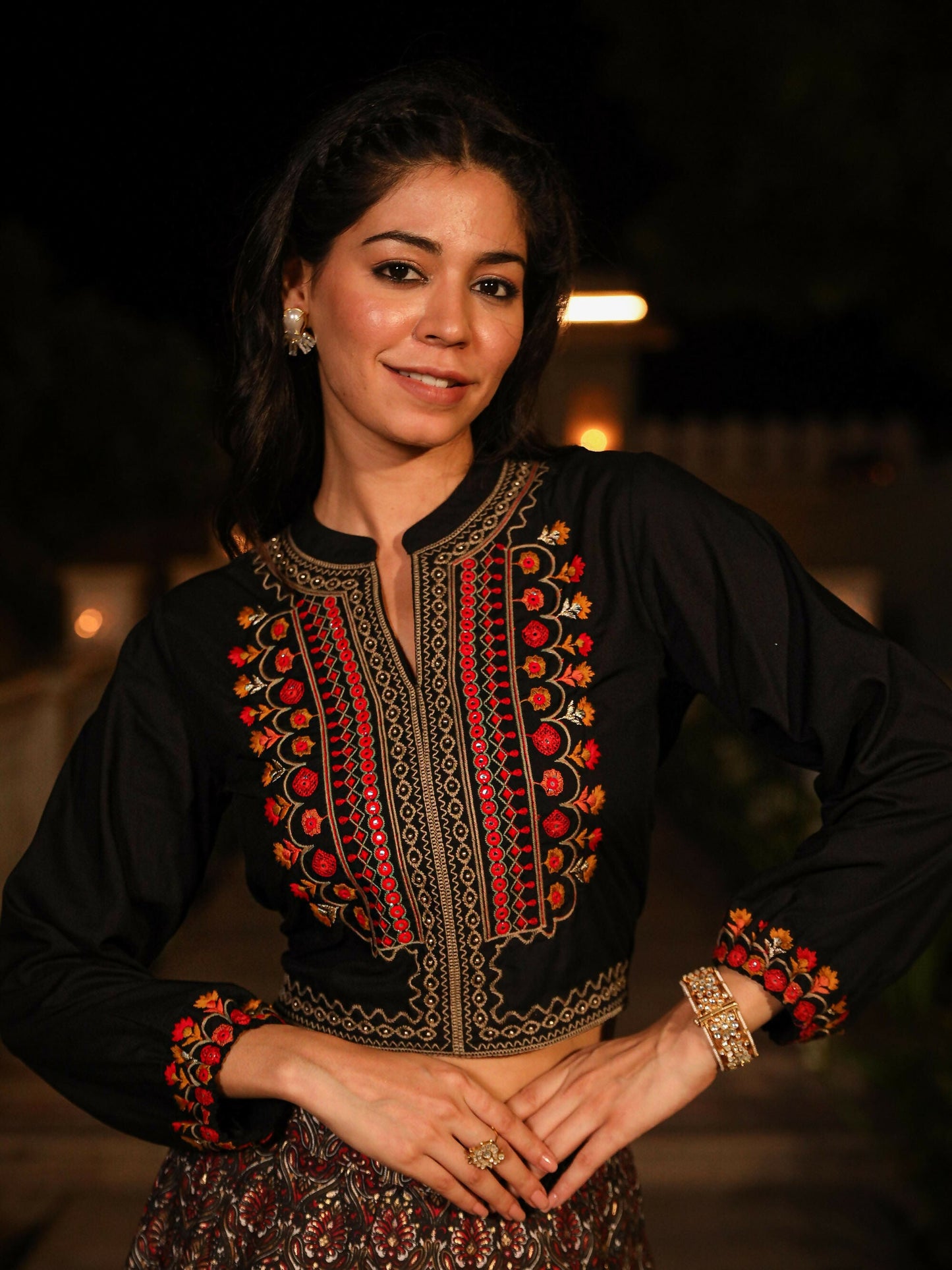 Juniper Women's The Rekha Chitra Black Thread Embroidered Rayon Top & Printed Skirt Set With Beads & Mirror Work