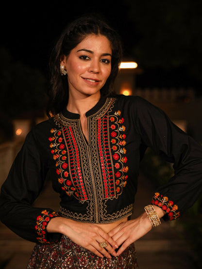 Juniper Women's The Rekha Chitra Black Thread Embroidered Rayon Top & Printed Skirt Set With Beads & Mirror Work