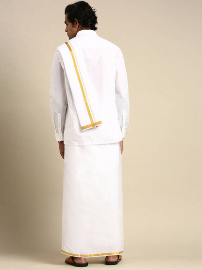 Ramraj Cotton Premium Wedding White Regular Dhoti, Shirt & Towel Set Arathi 1/2"