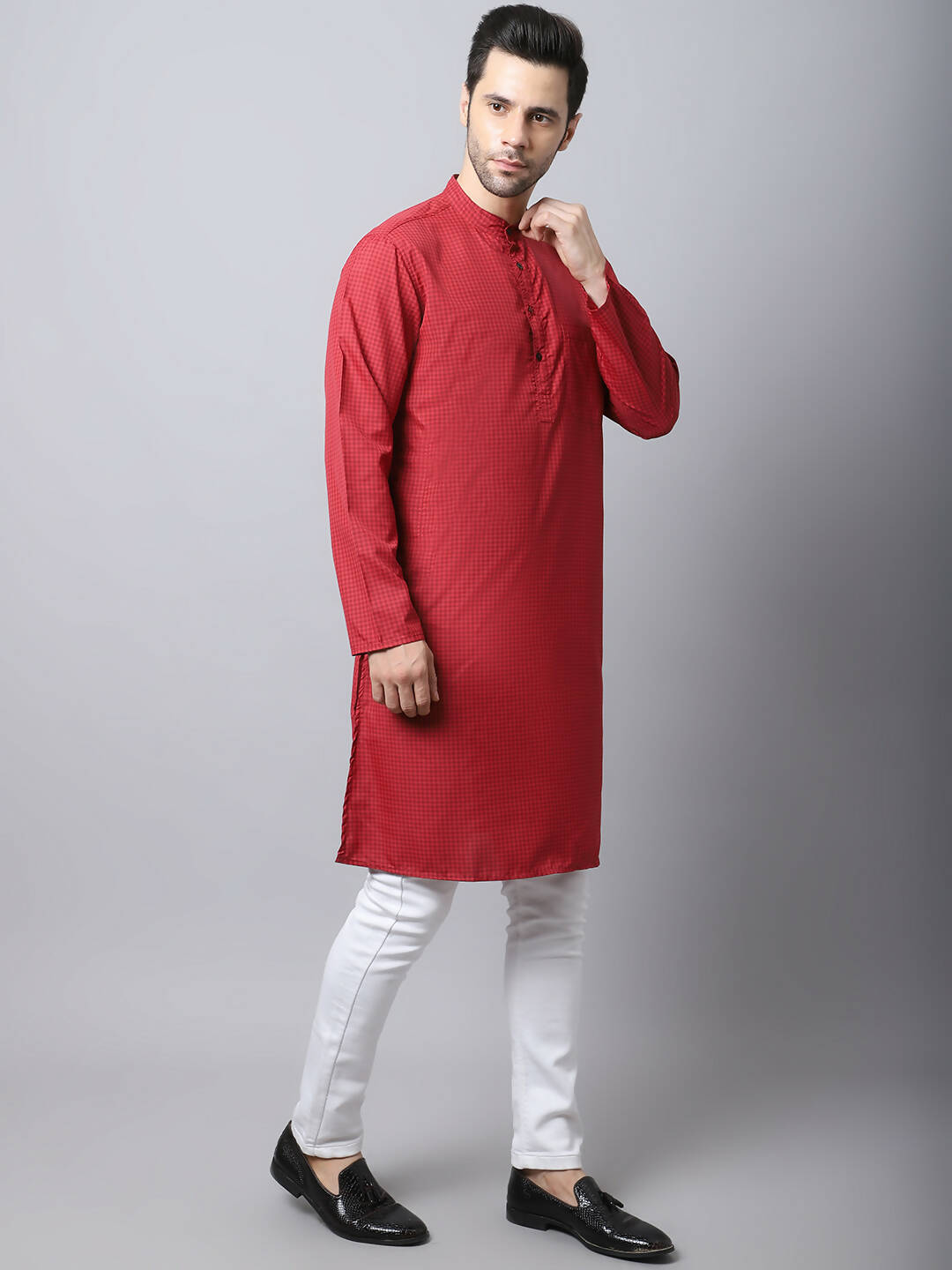 Even Apparels Maroon Cotton Checked Men's Kurta With Band Collar