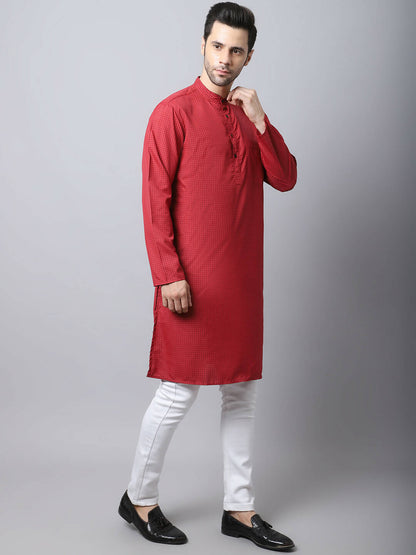 Even Apparels Maroon Cotton Checked Men's Kurta With Band Collar