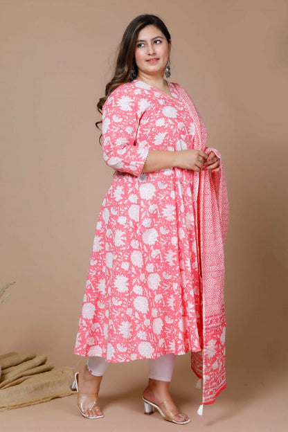 Miravan Women's Pink Plus Size Cotton Floral Print Anarkali Kurta With Dupatta