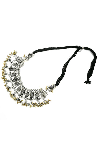 Mominos Fashion Johar Kamal Oxidised Silver-Plated Brass Finish Peacock Choker For Women (Silver/Golden)