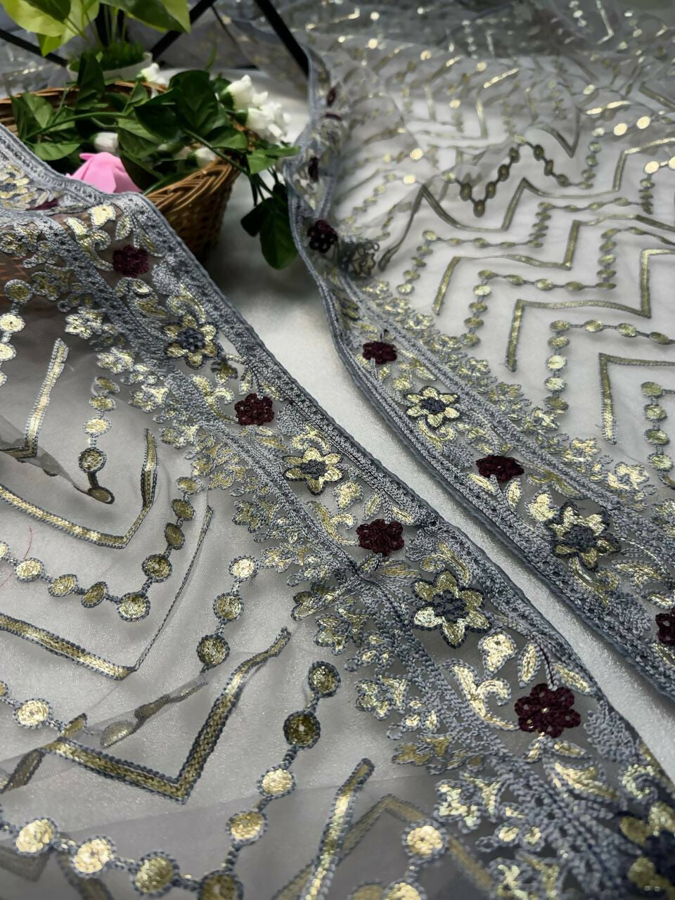 Vastranavya Butterfly Net Designer Chain Stitch Embroidery Work with Foil Thread & Stone Work Saree with Blouse Material - Grey