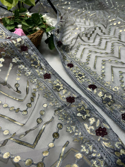 Vastranavya Butterfly Net Designer Chain Stitch Embroidery Work with Foil Thread & Stone Work Saree with Blouse Material - Grey