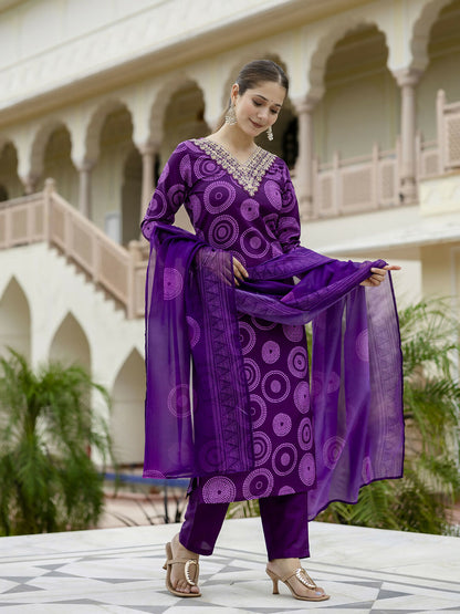 The52 Purple Women's Gorgeous Rayon Embroidered Straight Kurta with Pant And Dupatta Set