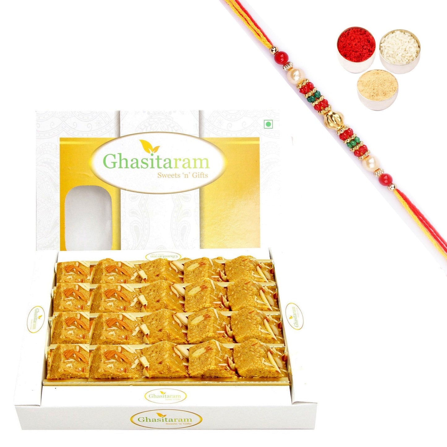 Ghasitaram Nani's Special Besan Barfi With Pearl Beads Rakhi