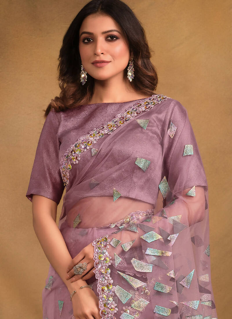 Light Purple Velvet Texture Net Designer Saree with Unstitched Blouse - Norita Mahitha