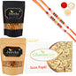 Ghasitaram Soan Papdi, Butter Chakli Sticks and Almonds With 2 Pearl Beads Rakhis