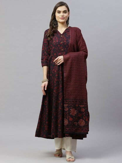 Miravan Women's Pure Floral Printed Anarkali Kurta With Gold Print Dupatta