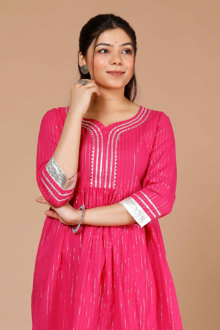 Miravan Women's Pink Printed A-Line Gotta Patti Lurex Cotton Kurti With Sharara