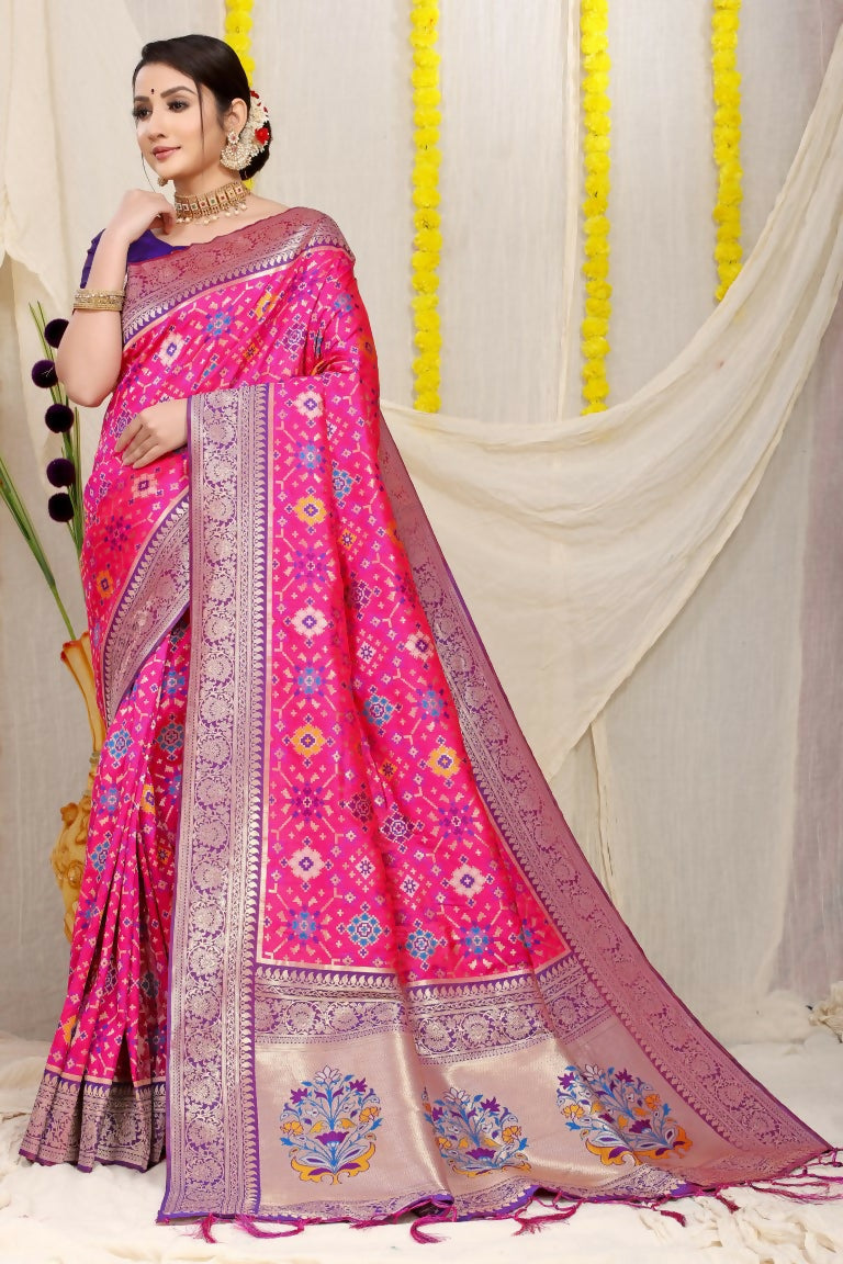 Jyoti Fashion Women's Rani Pink Patola Silk Zari Woven Saree with Blouse