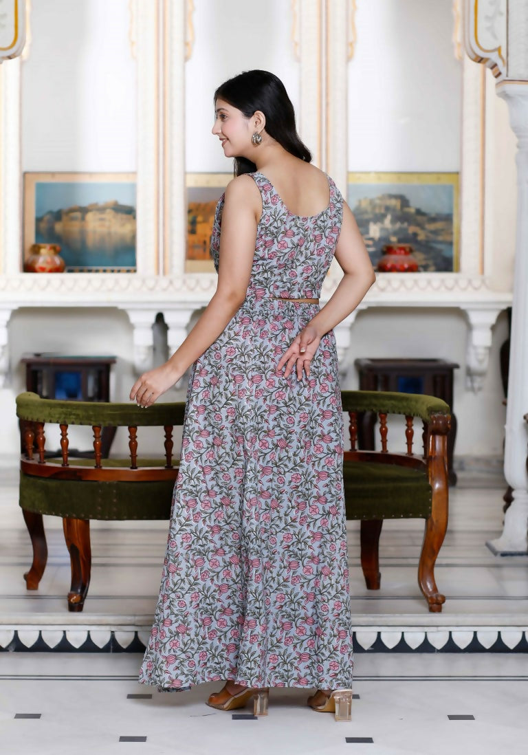 Miravan Women's Grey Floral Printed Crop Top And Skirt Co-Ord Set