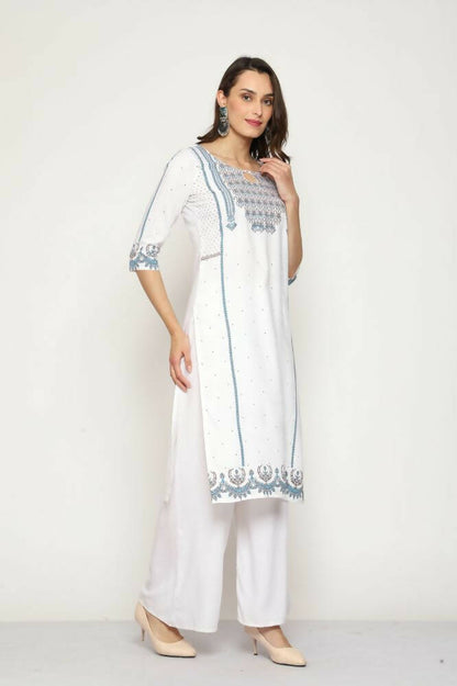 Maai Rayon Hand Printed Kurta Off-White