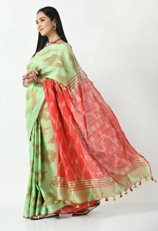 Mominos Fashion Moeza Light Green & Red Bhagalpuri Handloom Ikat Pure Cotton Saree with unstitched Blouse piece
