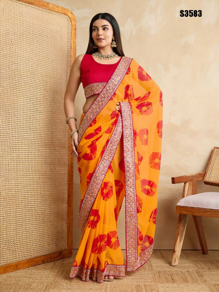 Yellow Georgette Printed Designer, Embroidery Work Lace Border Saree - Aarvi