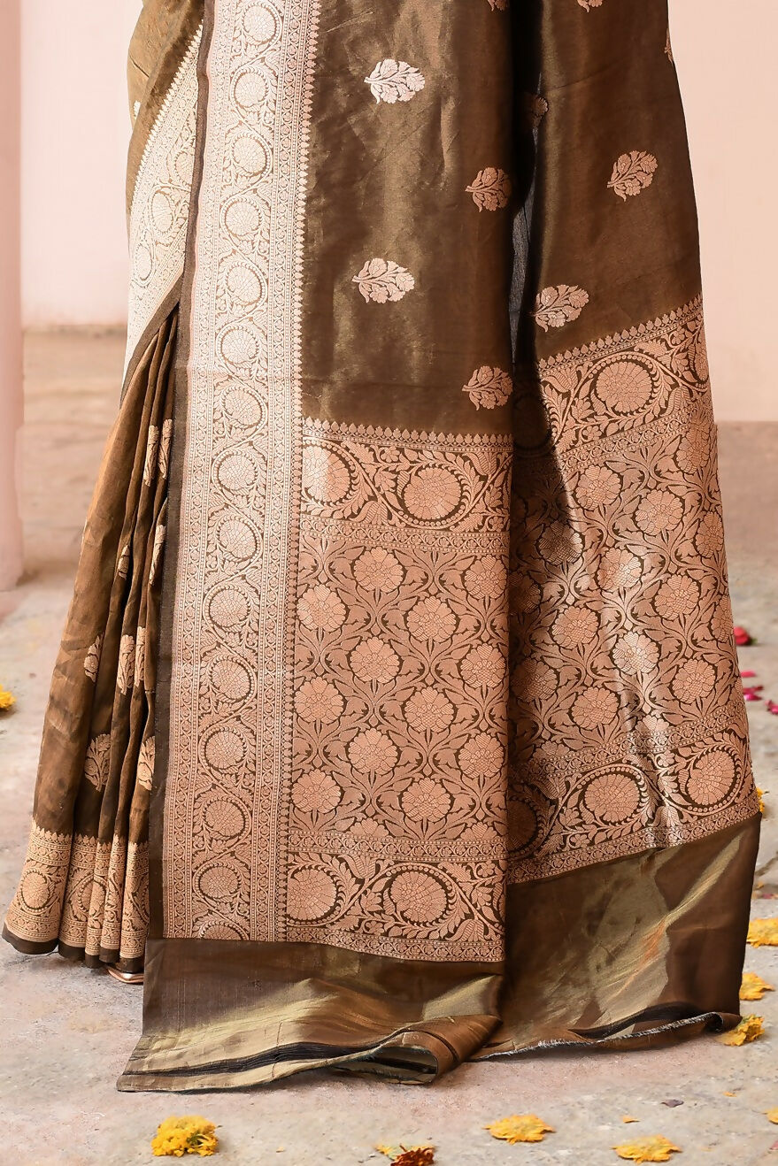 Joban Fashion Olive Green Banarasi Katan Pure Handloom Banarasi Silk Saree