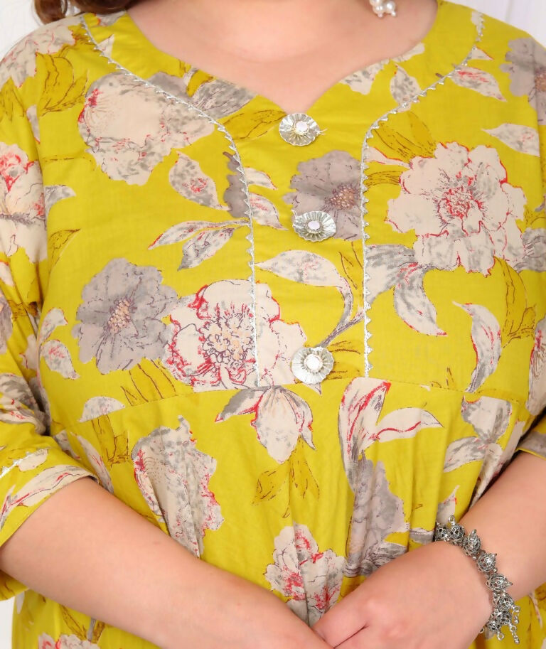 Miravan Women's Plus Size Cotton Gota Patti And Lace Border Details Floral Printed Yellow Anarkali Kurta And Dupatta Set
