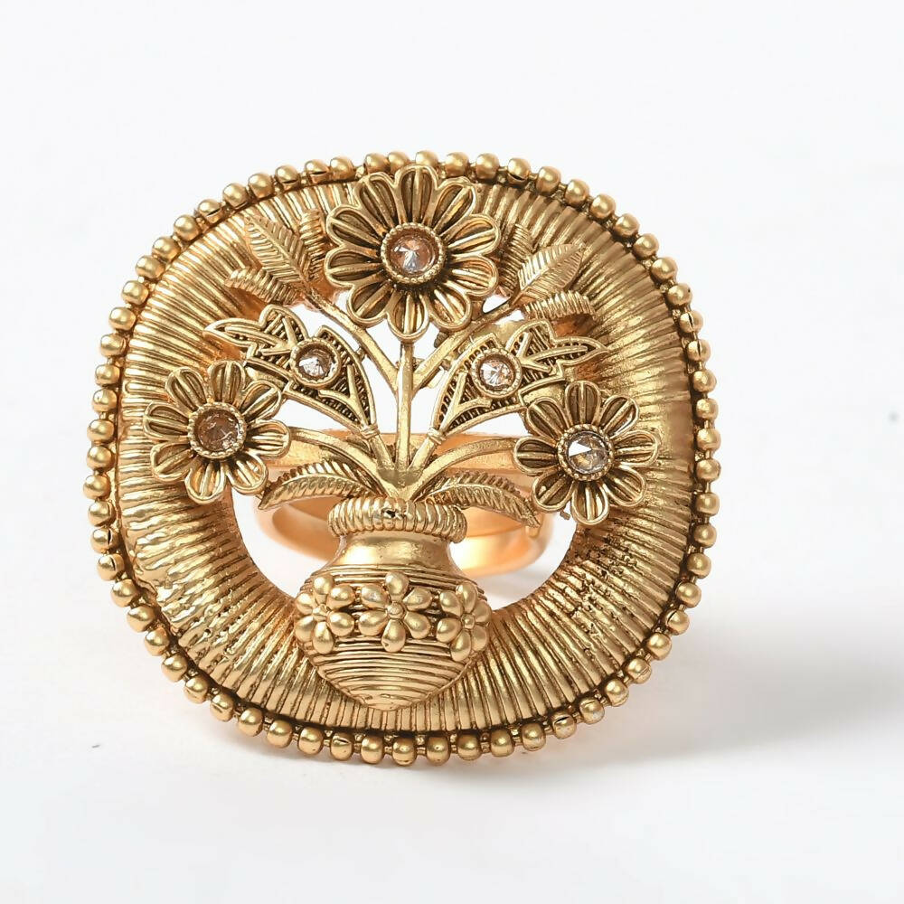 Mominos Fashion Joharkamal Gold-Polished Stone Studded Adjustable Finger Ring - Design 15