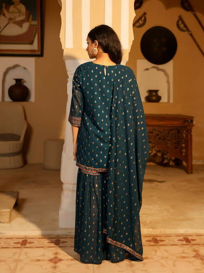 Juniper Women's The Swarn Teal Ethnic Motif Printed Georgette Kurta Pant And Dupatta With Sequins & Zari Work
