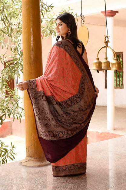Joban Fashion Coral Crepe Chiffon Pure Handloom Banarasi Silk Saree