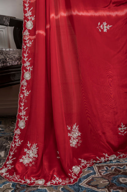 Morchari Red Crepe Hand Embroidery Saree And Stitched Blouse