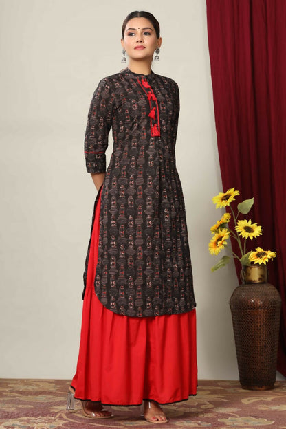 Miravan Women's Black Printed Pure Cotton Kurta With Skirt